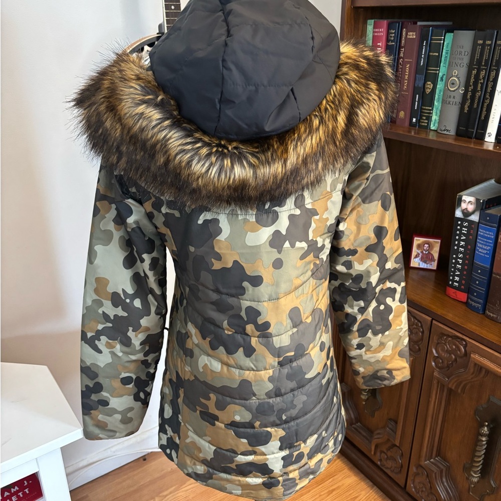 NORTH FACE Harway Jacket With Faux Fur Tin Burnt Olive Green Waxed Camo SZ Sm - Picture 4 of 8